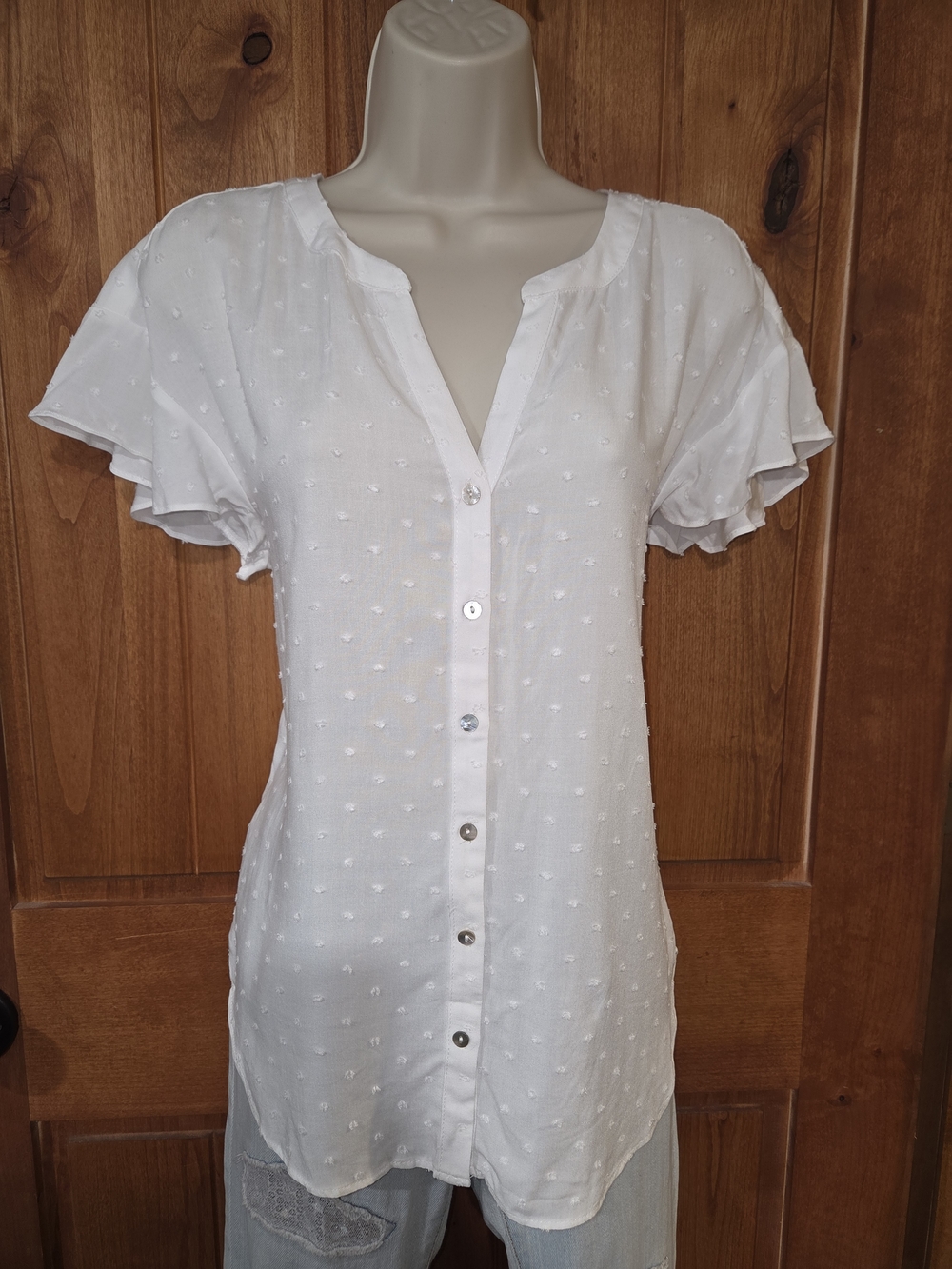 Jane and Delancey White Swiss Dot Button-Front Blouse